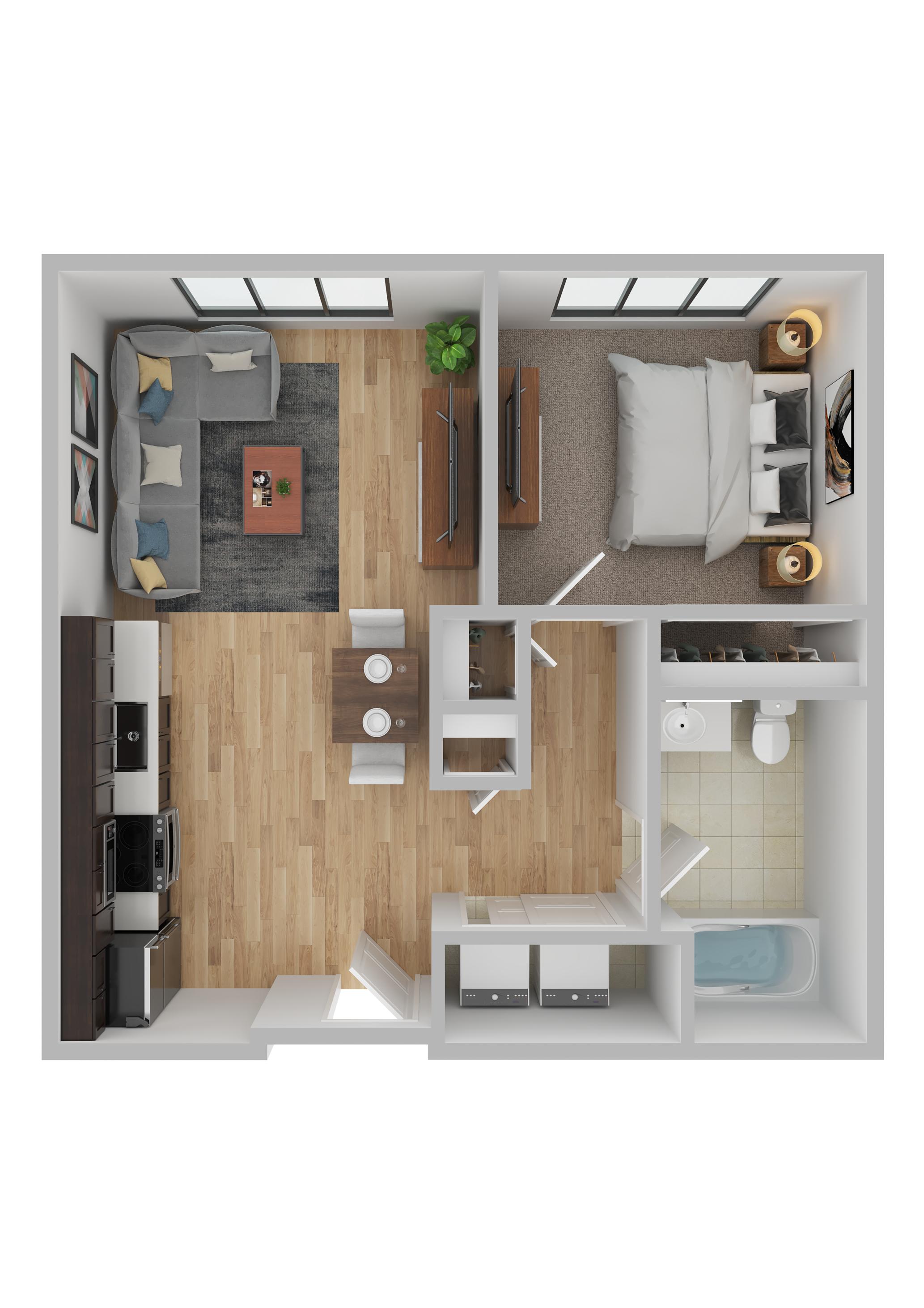 Floor plan for 1 bed, 1 bath, 563 sqft